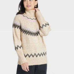 A New Day Women's Turtleneck Pullover Sweater Oatmeal Fair Isle New With Tags